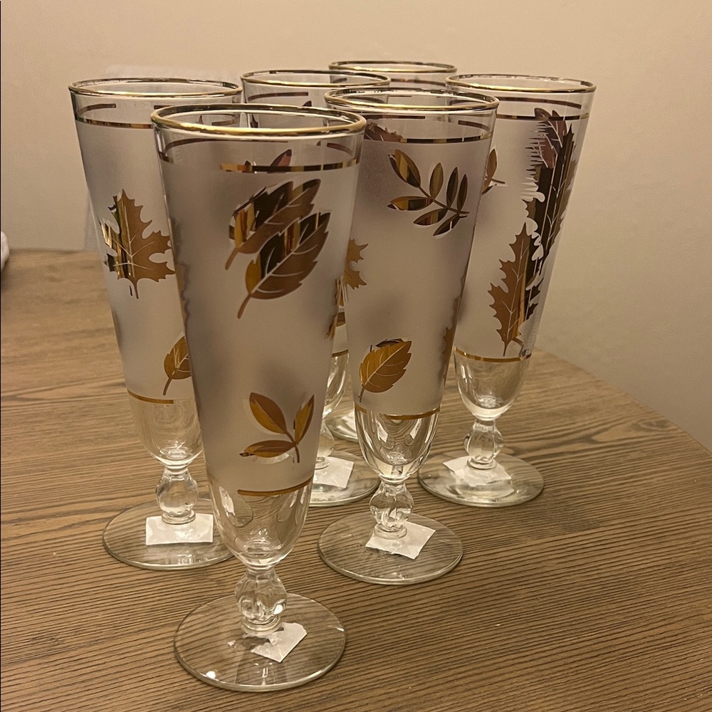 Vintage Libbey Set of Frosted Gold Leaf Design Pilsner Glasses